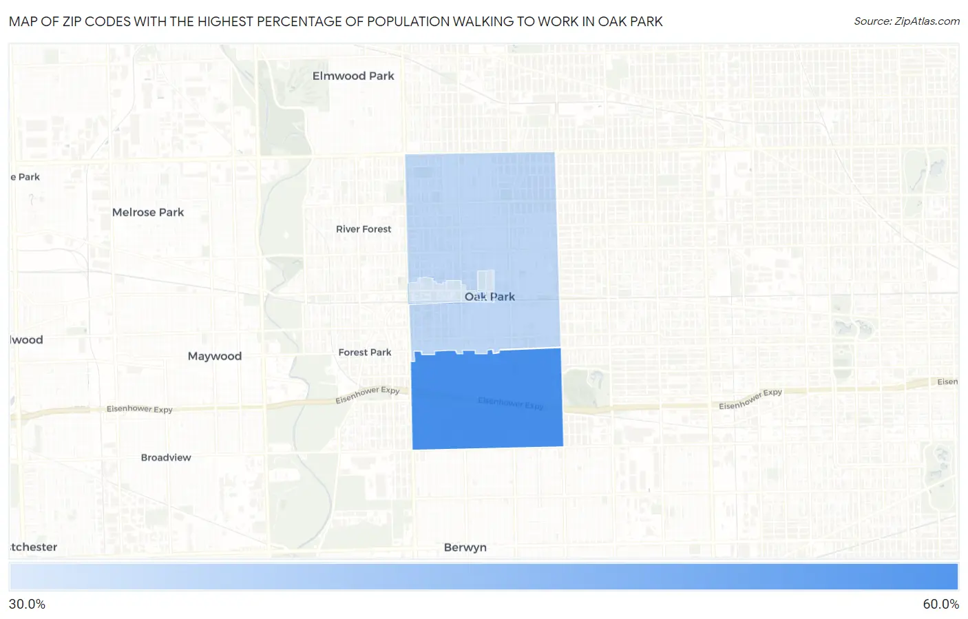 Zip Codes with the Highest Percentage of Population Walking to Work in Oak Park Map