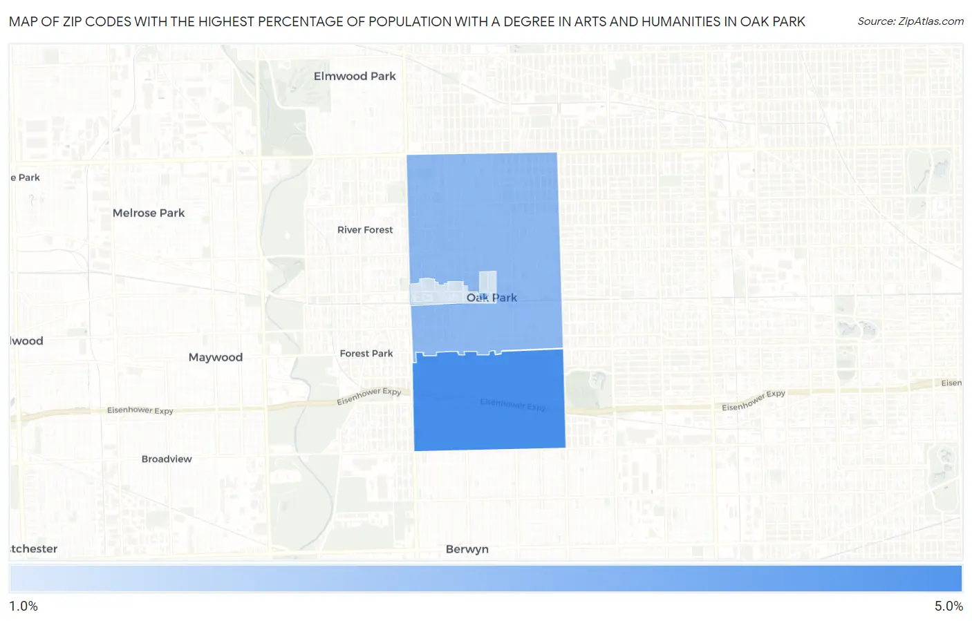 Zip Codes with the Highest Percentage of Population with a Degree in Arts and Humanities in Oak Park Map