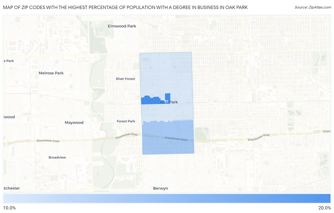Zip Codes with the Highest Percentage of Population with a Degree in Business in Oak Park Map