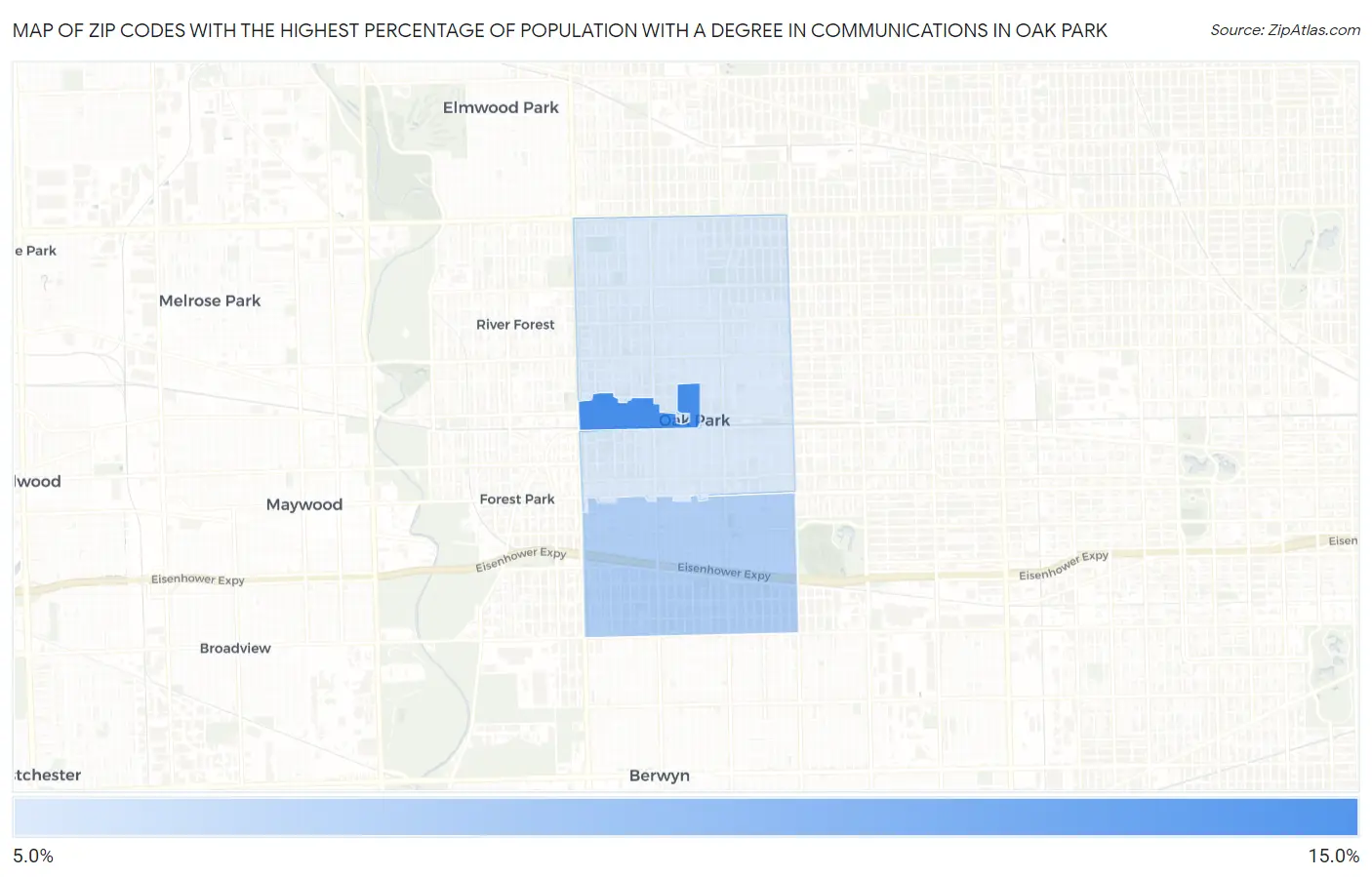 Zip Codes with the Highest Percentage of Population with a Degree in Communications in Oak Park Map