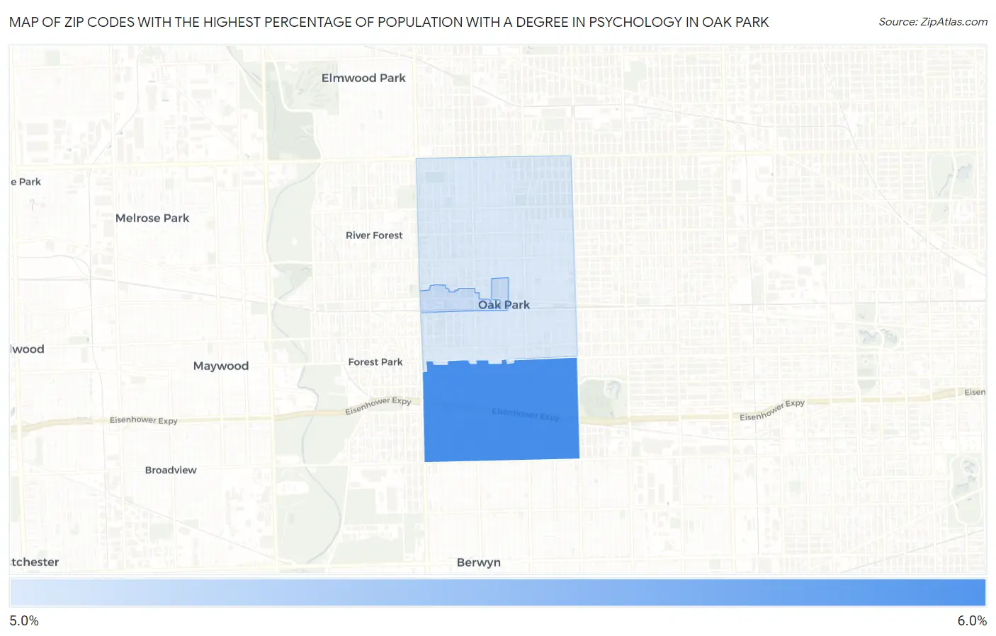 Zip Codes with the Highest Percentage of Population with a Degree in Psychology in Oak Park Map