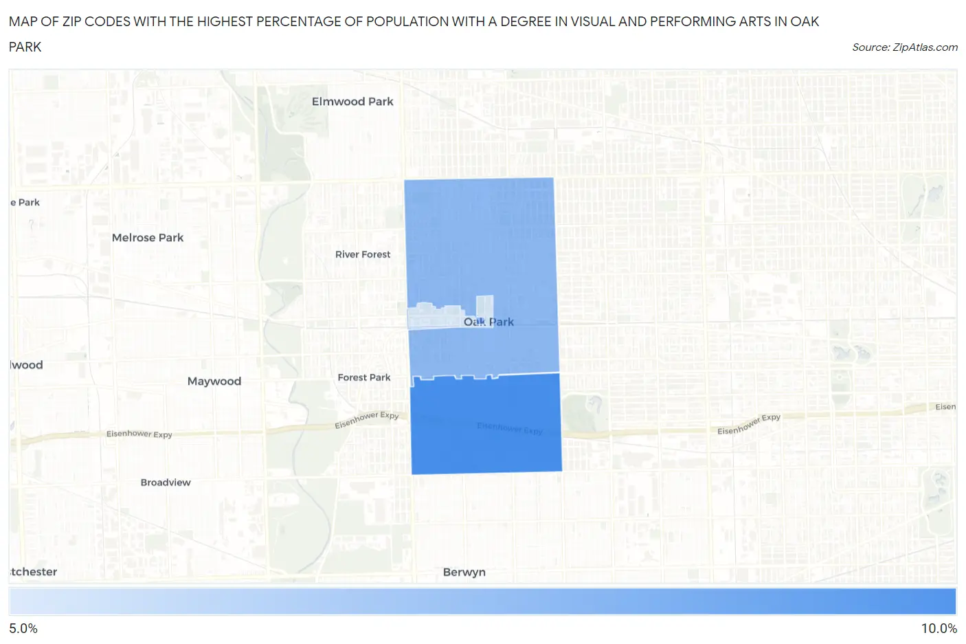 Zip Codes with the Highest Percentage of Population with a Degree in Visual and Performing Arts in Oak Park Map