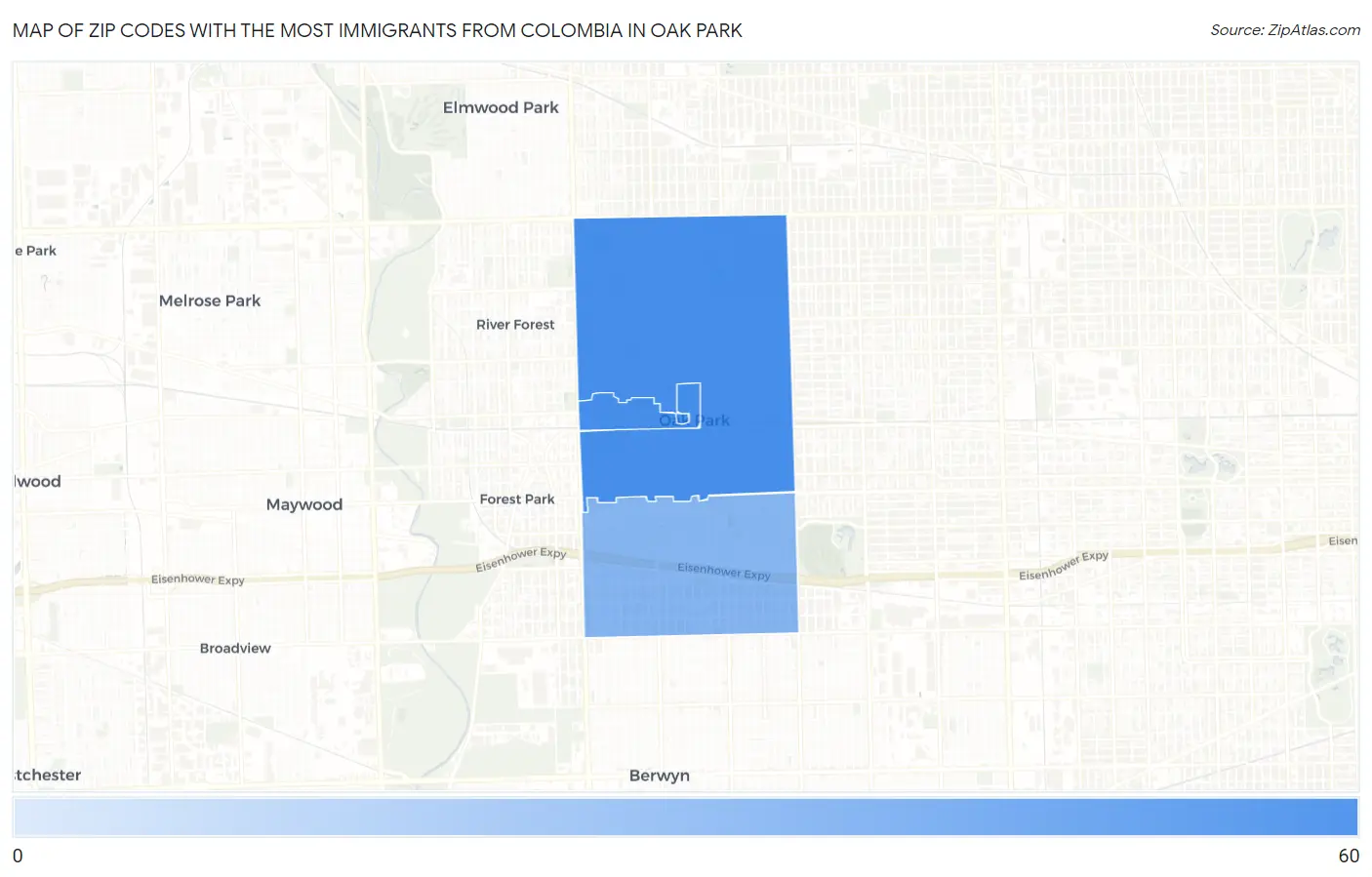 Zip Codes with the Most Immigrants from Colombia in Oak Park Map