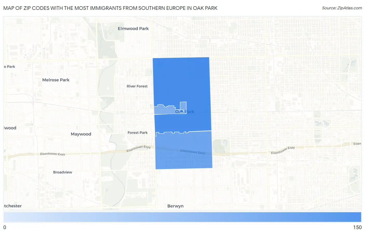 Zip Codes with the Most Immigrants from Southern Europe in Oak Park Map