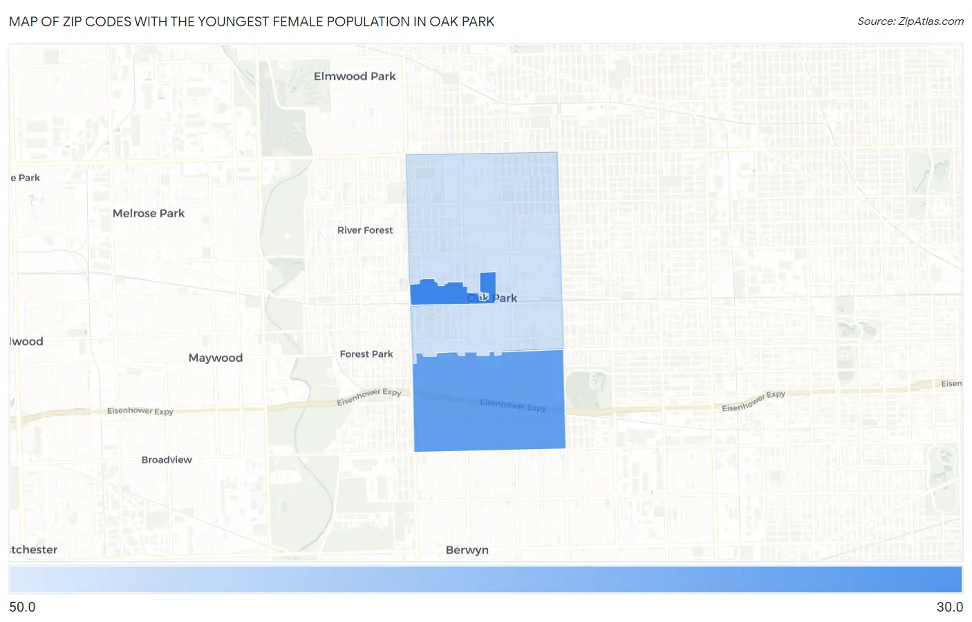 Zip Codes with the Youngest Female Population in Oak Park Map