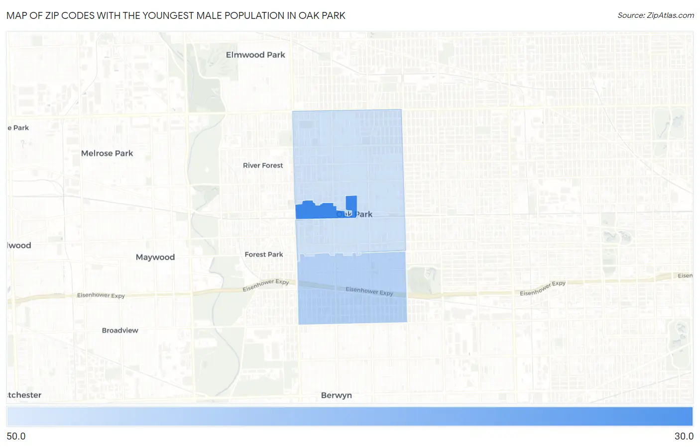 Zip Codes with the Youngest Male Population in Oak Park Map