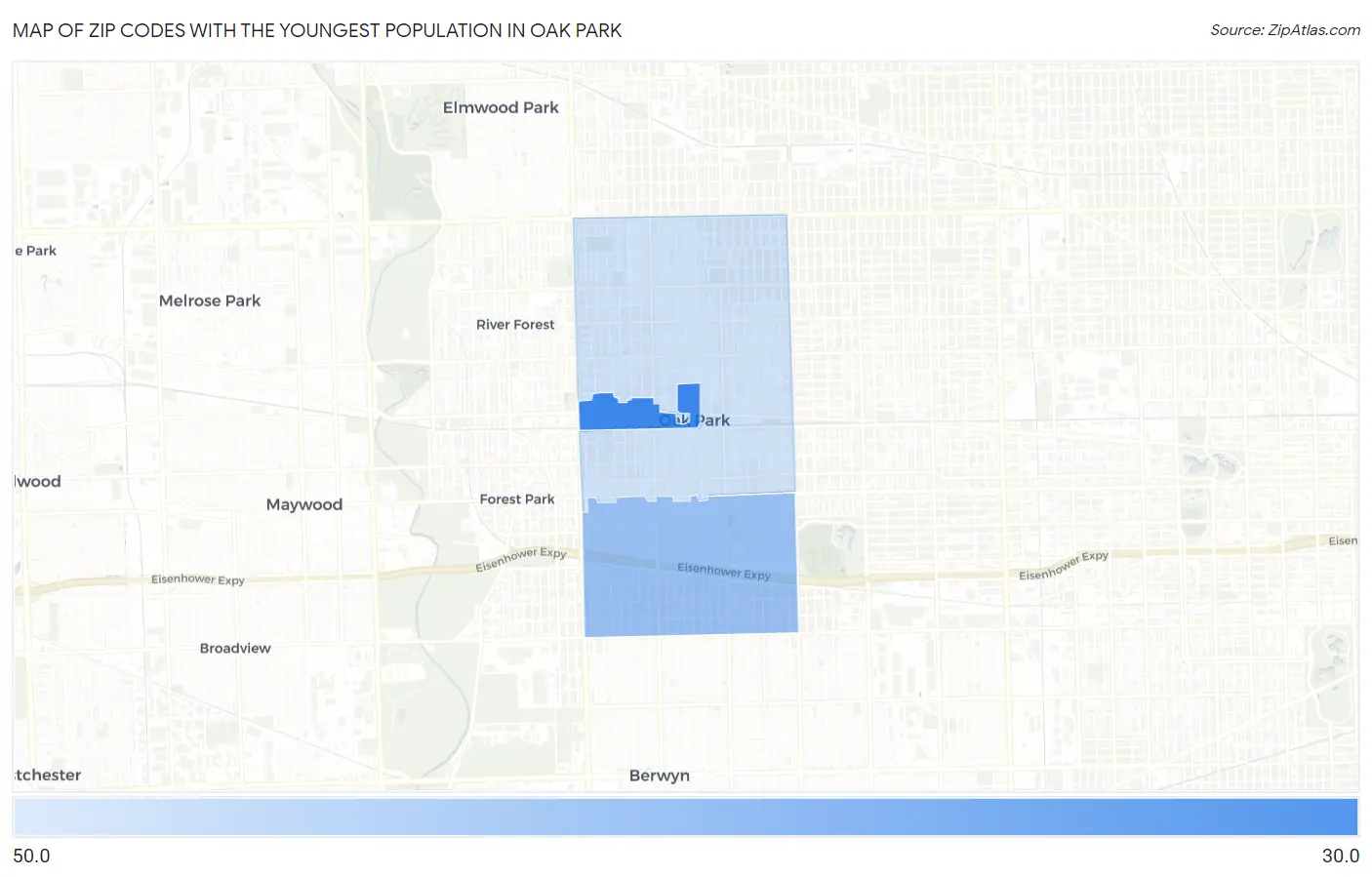 Zip Codes with the Youngest Population in Oak Park Map