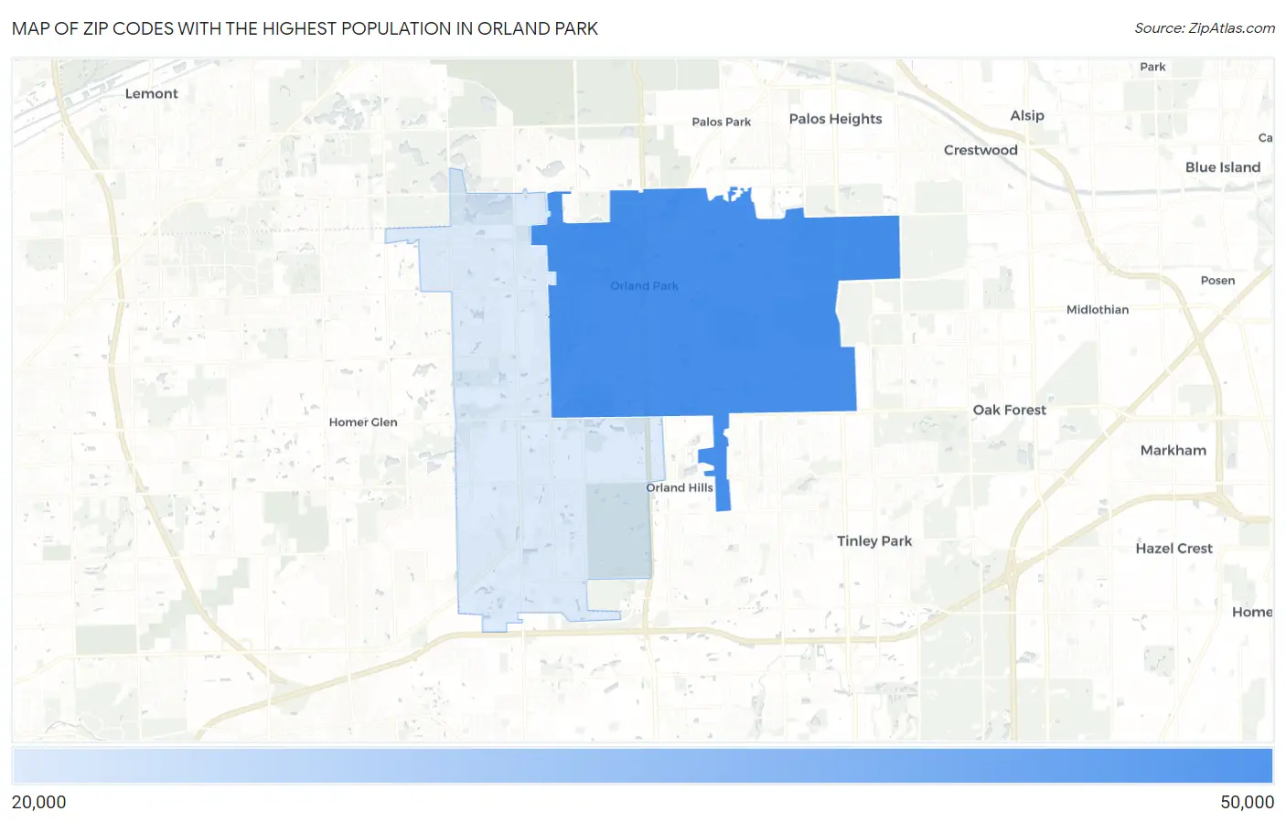 Zip Codes with the Highest Population in Orland Park Map
