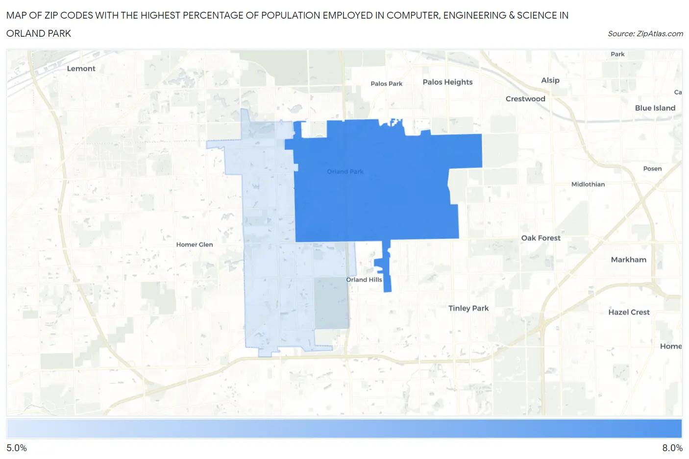 Zip Codes with the Highest Percentage of Population Employed in Computer, Engineering & Science in Orland Park Map