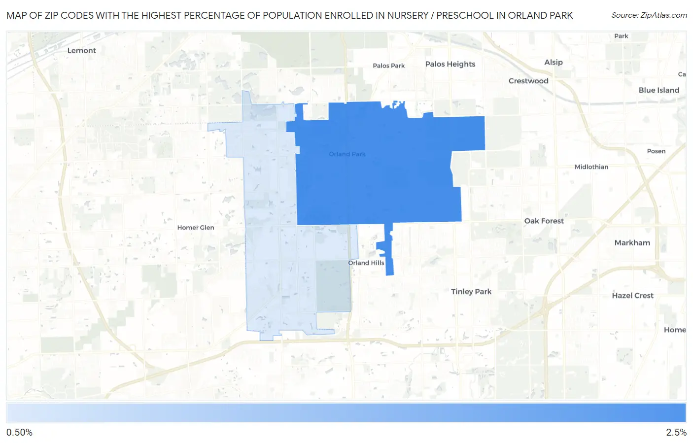 Zip Codes with the Highest Percentage of Population Enrolled in Nursery / Preschool in Orland Park Map