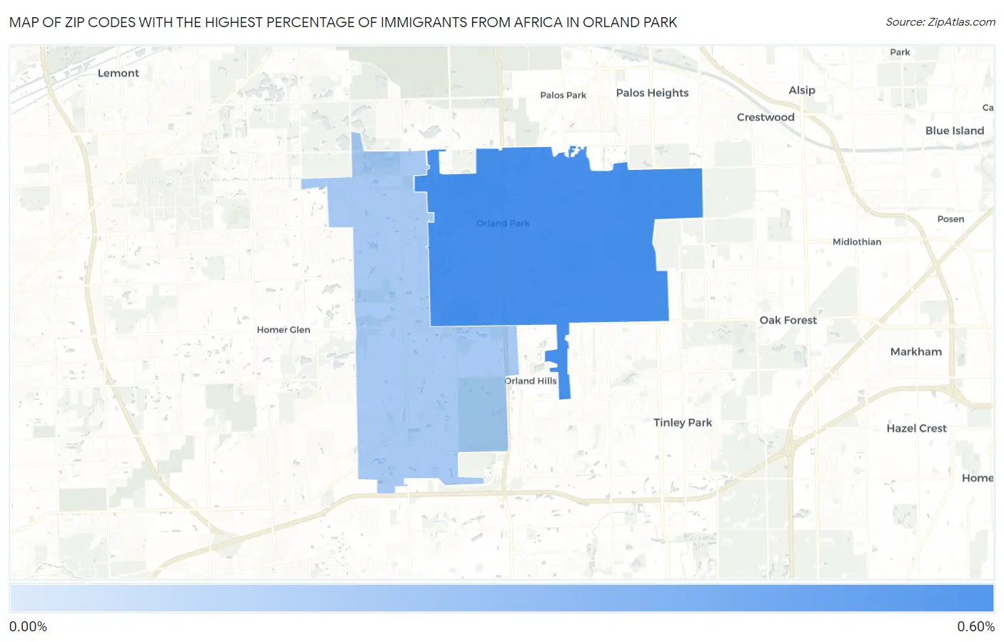 Zip Codes with the Highest Percentage of Immigrants from Africa in Orland Park Map