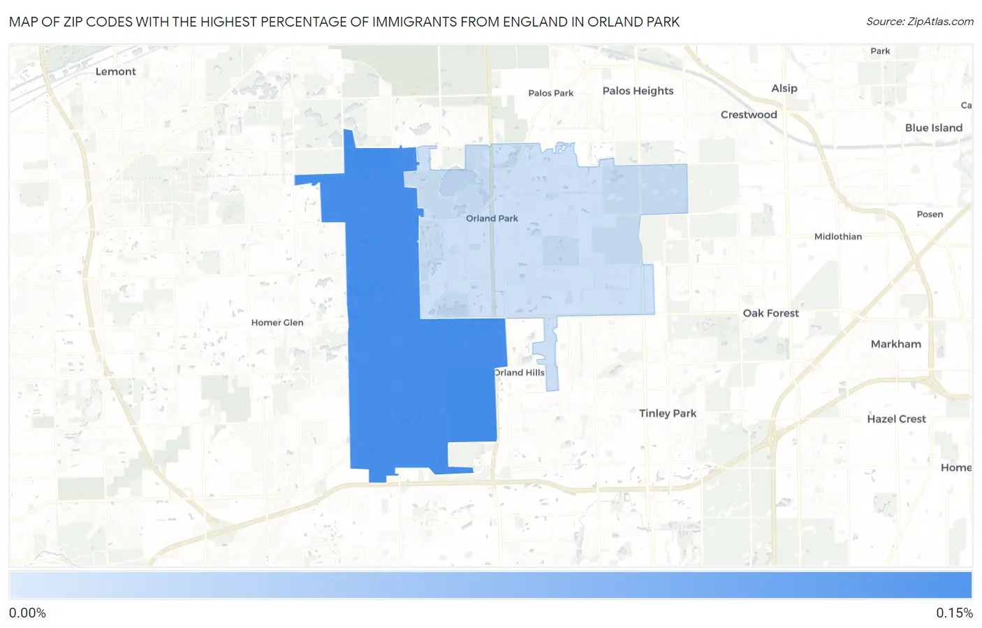 Zip Codes with the Highest Percentage of Immigrants from England in Orland Park Map