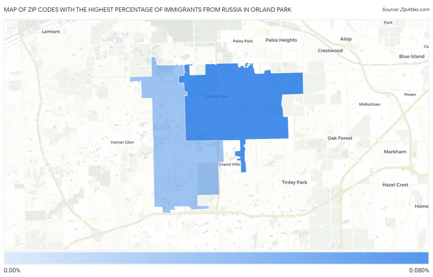 Zip Codes with the Highest Percentage of Immigrants from Russia in Orland Park Map