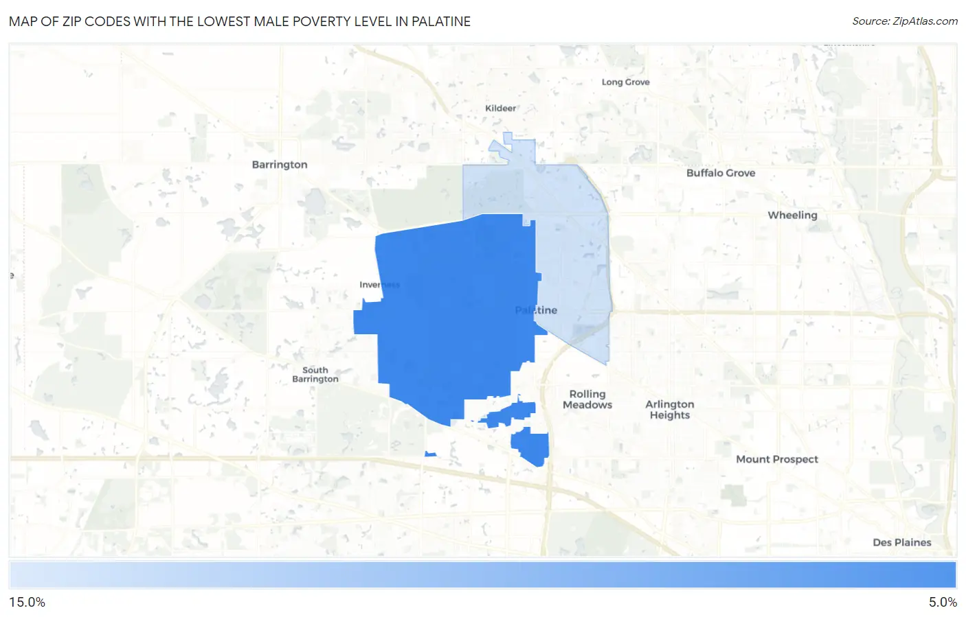 Zip Codes with the Lowest Male Poverty Level in Palatine Map