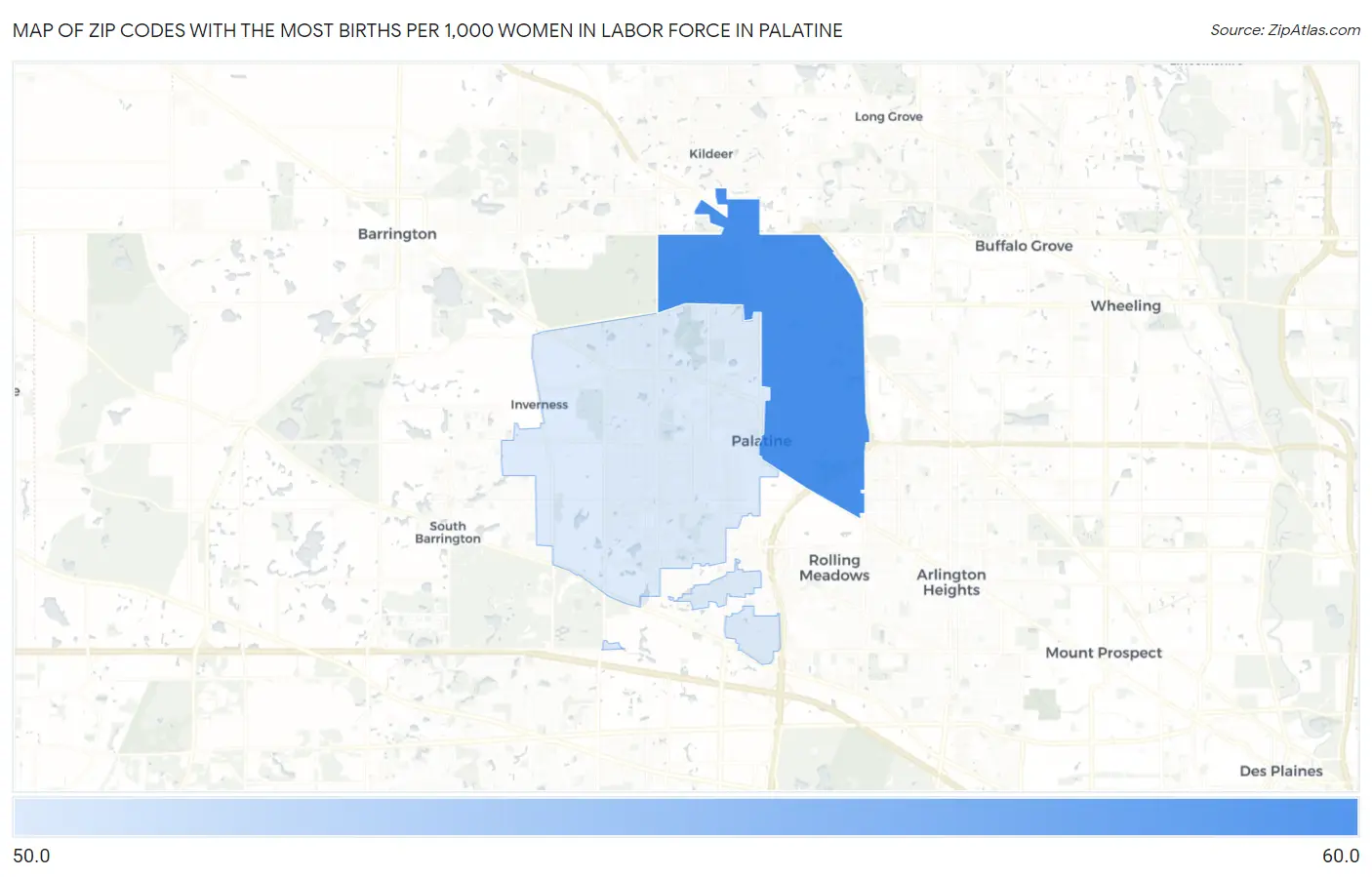 Zip Codes with the Most Births per 1,000 Women in Labor Force in Palatine Map
