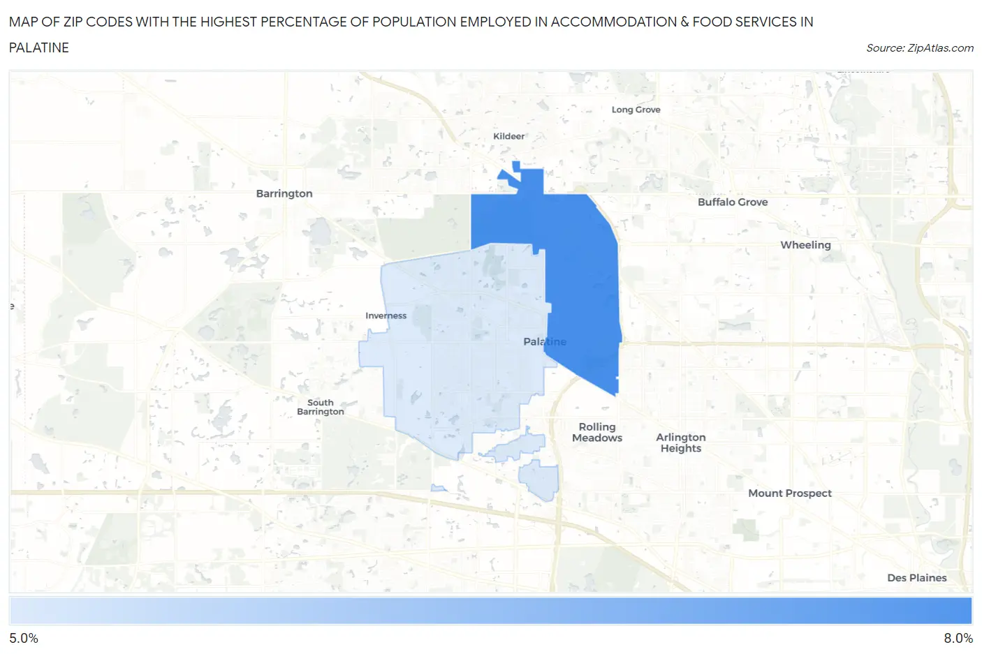 Zip Codes with the Highest Percentage of Population Employed in Accommodation & Food Services in Palatine Map