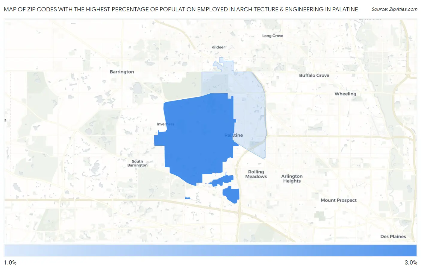 Zip Codes with the Highest Percentage of Population Employed in Architecture & Engineering in Palatine Map