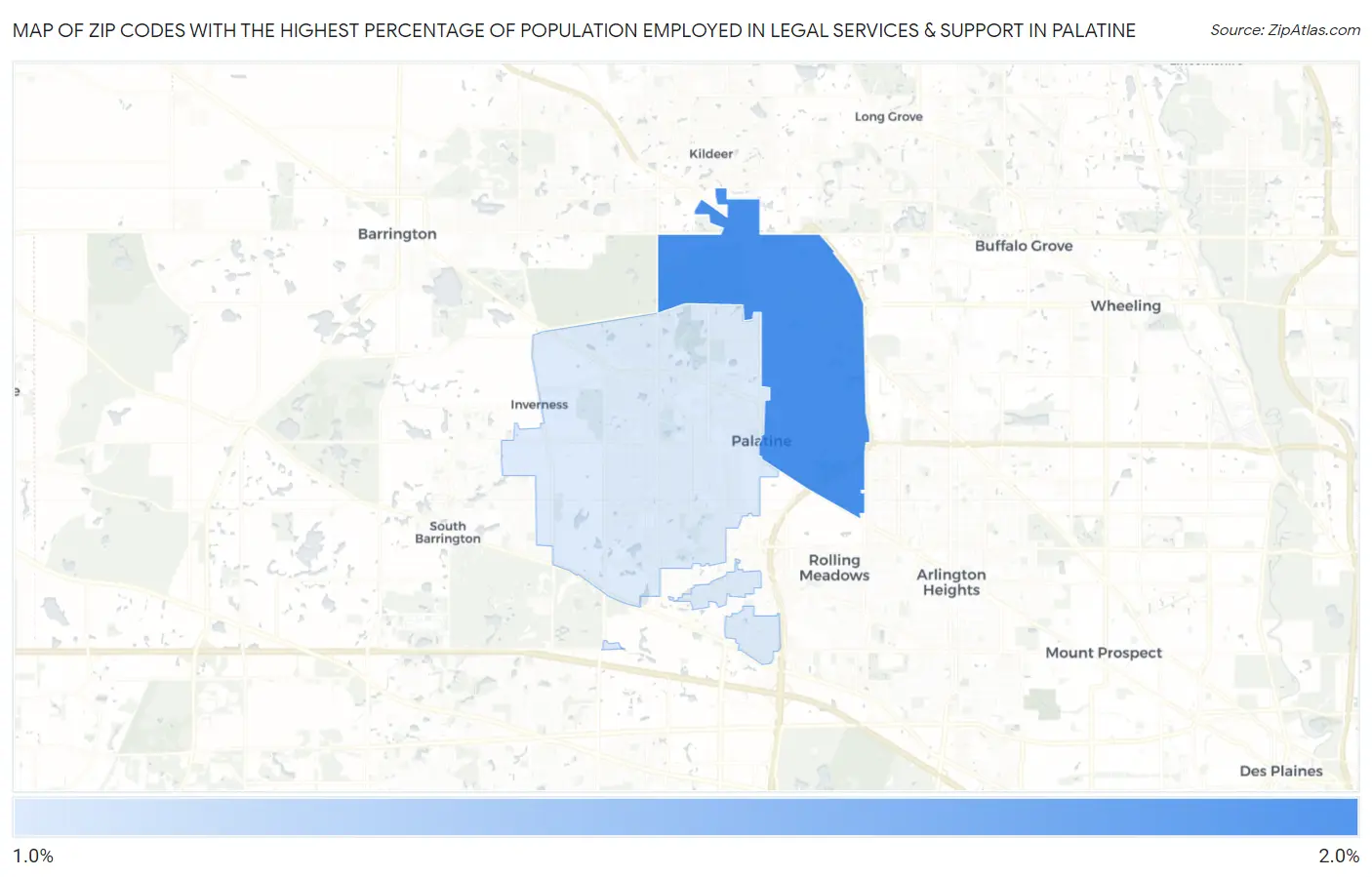 Zip Codes with the Highest Percentage of Population Employed in Legal Services & Support in Palatine Map