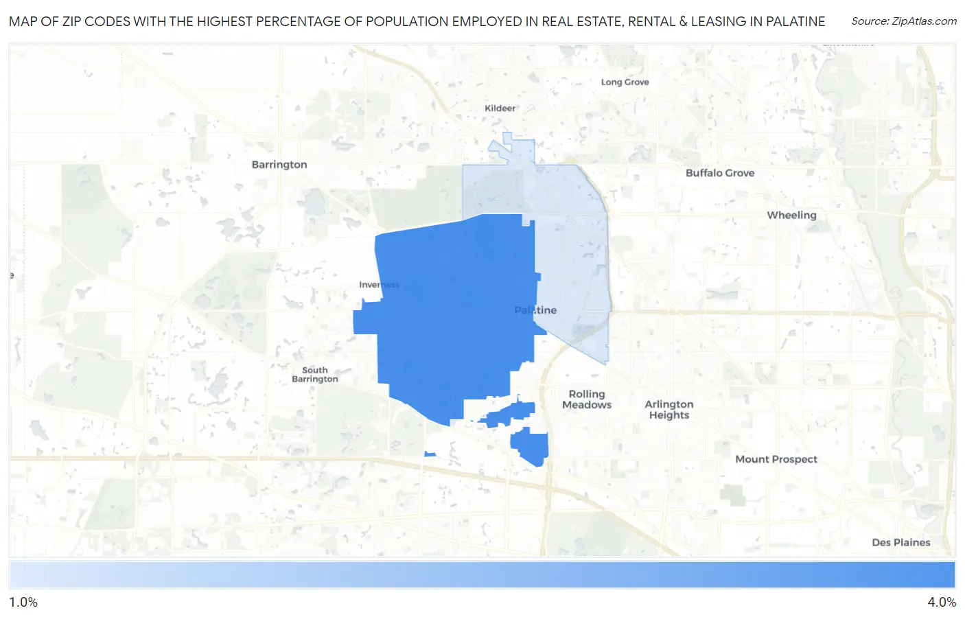 Zip Codes with the Highest Percentage of Population Employed in Real Estate, Rental & Leasing in Palatine Map