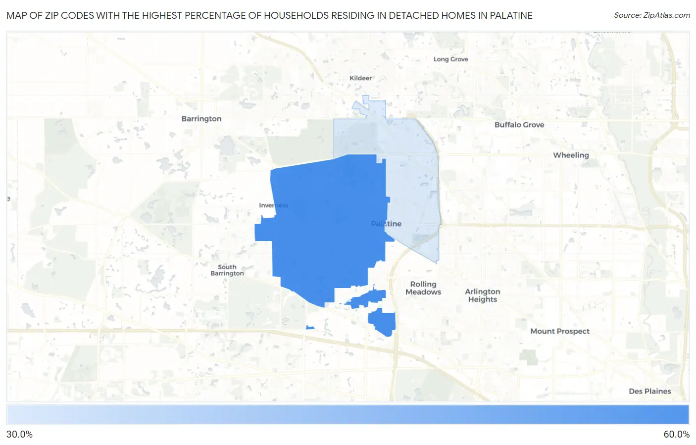 Zip Codes with the Highest Percentage of Households Residing in Detached Homes in Palatine Map