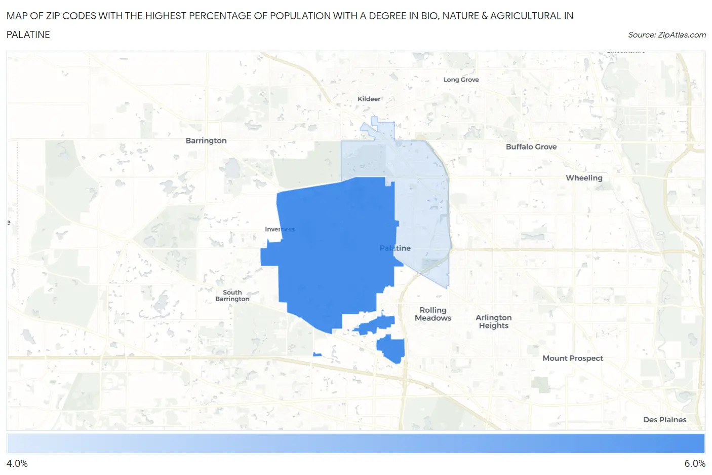 Zip Codes with the Highest Percentage of Population with a Degree in Bio, Nature & Agricultural in Palatine Map