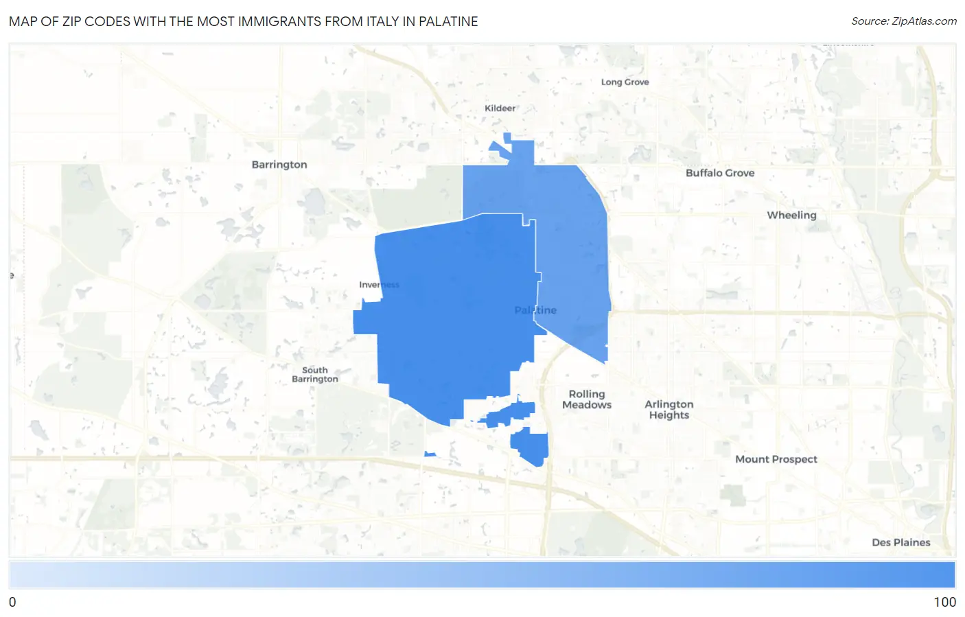 Zip Codes with the Most Immigrants from Italy in Palatine Map