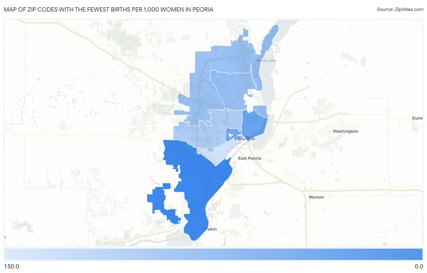 Zip Codes with the Fewest Births per 1,000 Women in Peoria Map