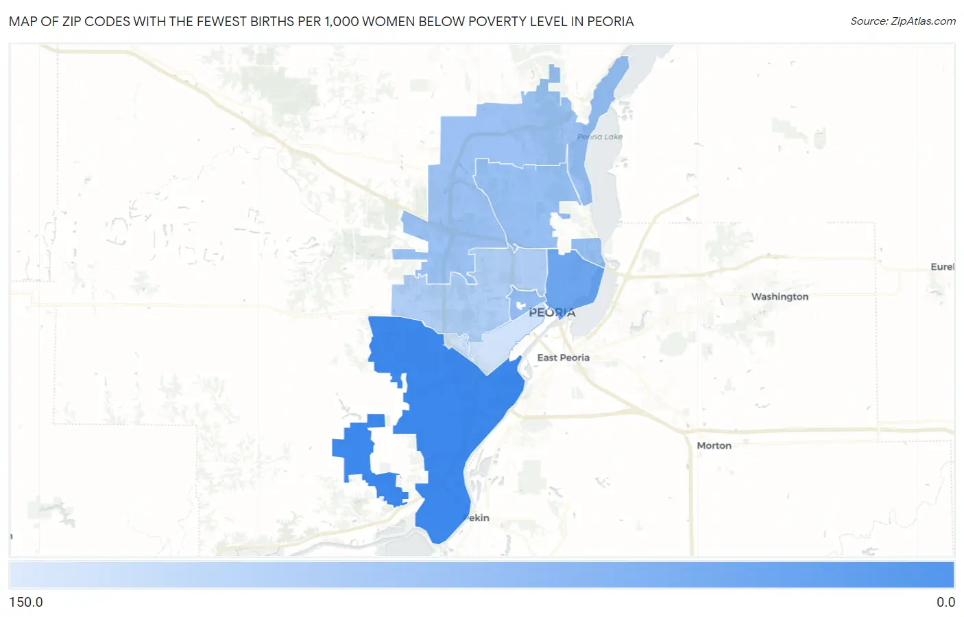 Zip Codes with the Fewest Births per 1,000 Women Below Poverty Level in Peoria Map