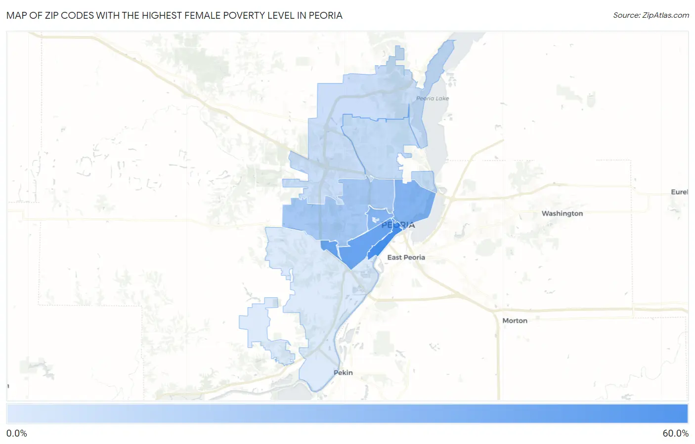 Zip Codes with the Highest Female Poverty Level in Peoria Map