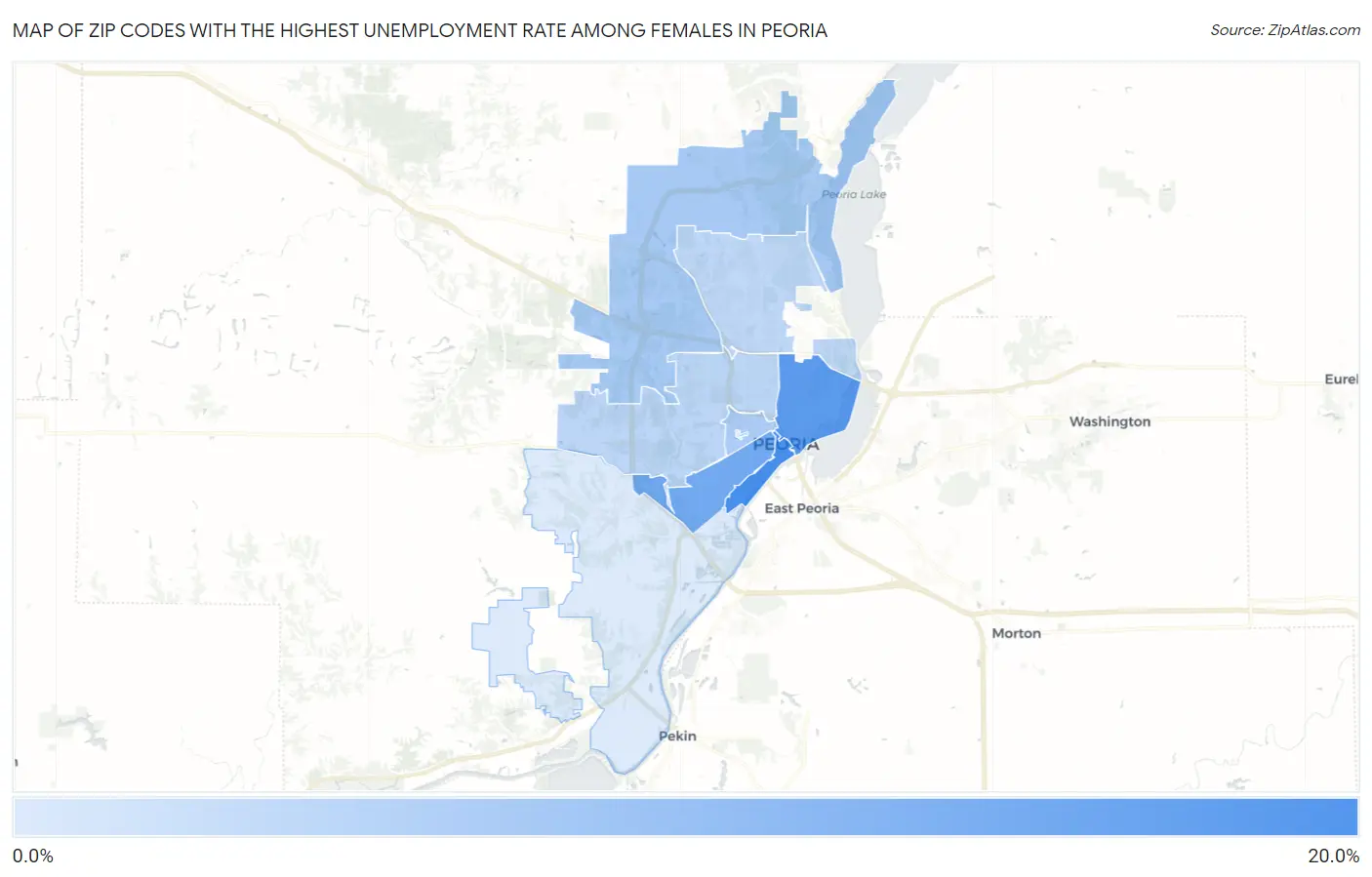 Zip Codes with the Highest Unemployment Rate Among Females in Peoria Map