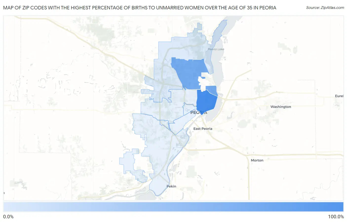 Zip Codes with the Highest Percentage of Births to Unmarried Women over the Age of 35 in Peoria Map