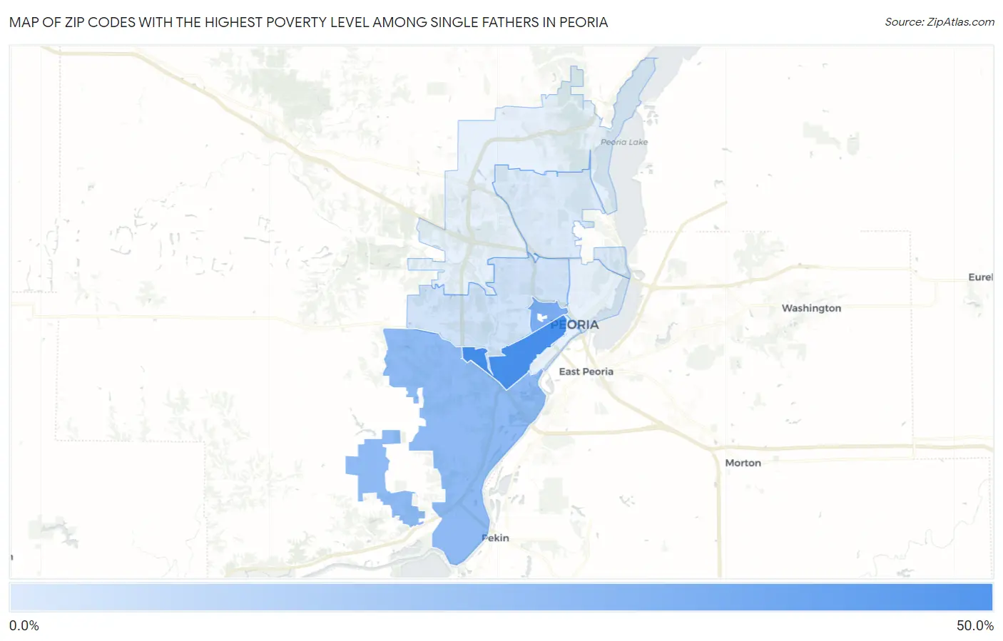 Zip Codes with the Highest Poverty Level Among Single Fathers in Peoria Map