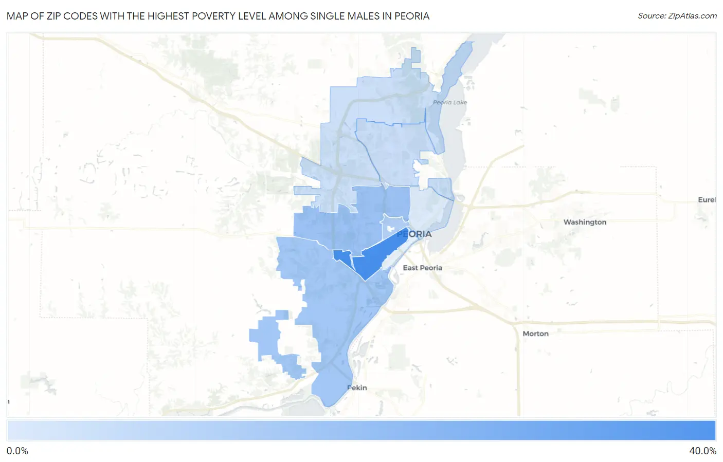 Zip Codes with the Highest Poverty Level Among Single Males in Peoria Map
