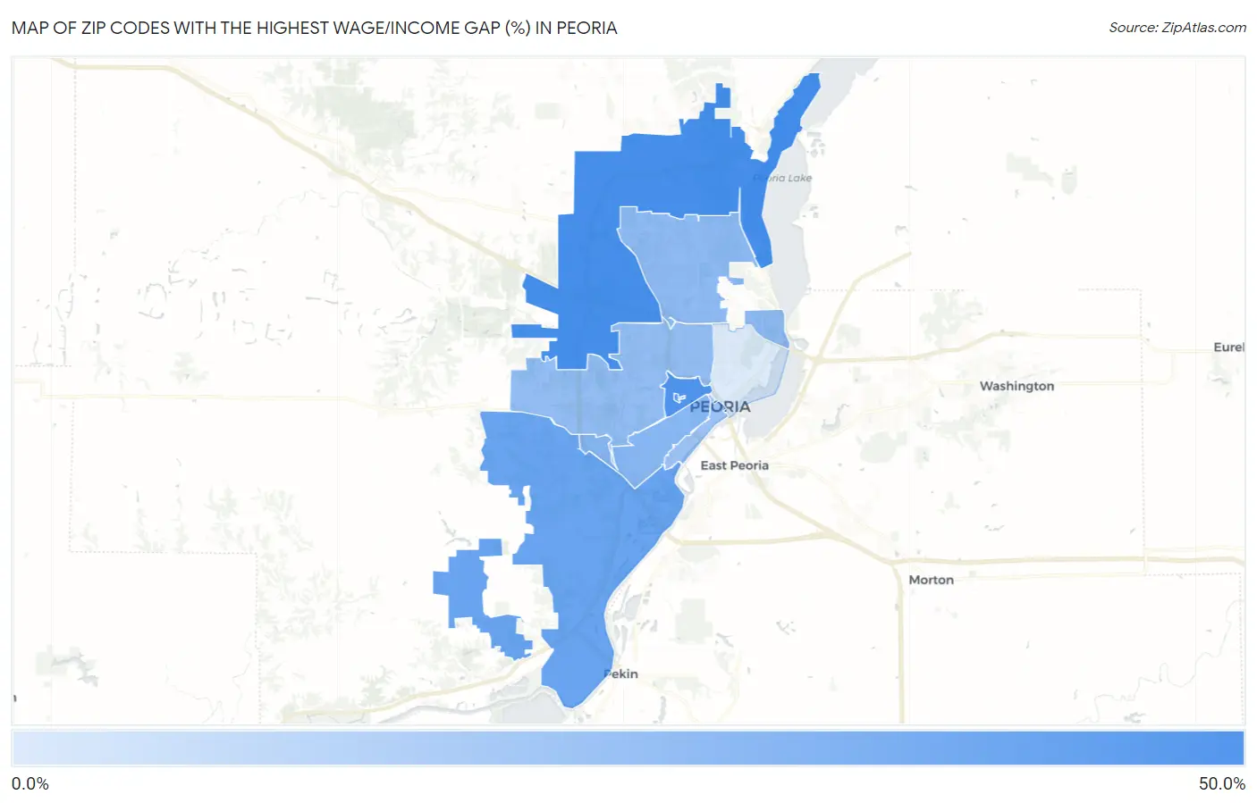 Zip Codes with the Highest Wage/Income Gap (%) in Peoria Map