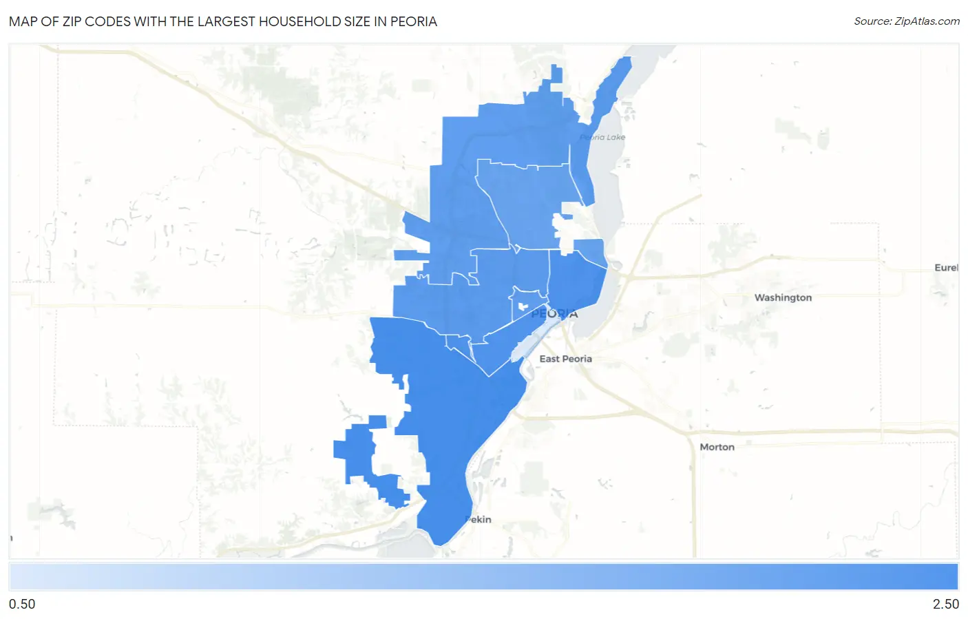 Zip Codes with the Largest Household Size in Peoria Map