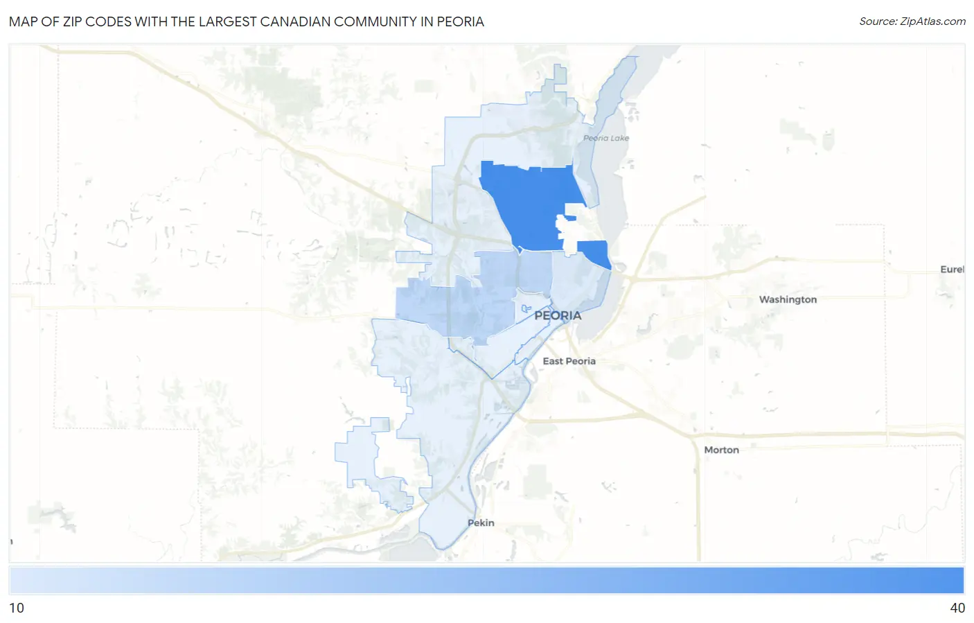 Zip Codes with the Largest Canadian Community in Peoria Map