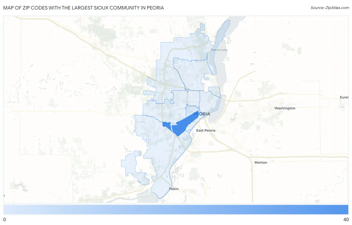 Zip Codes with the Largest Sioux Community in Peoria Map