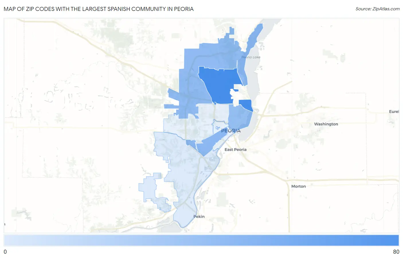 Zip Codes with the Largest Spanish Community in Peoria Map