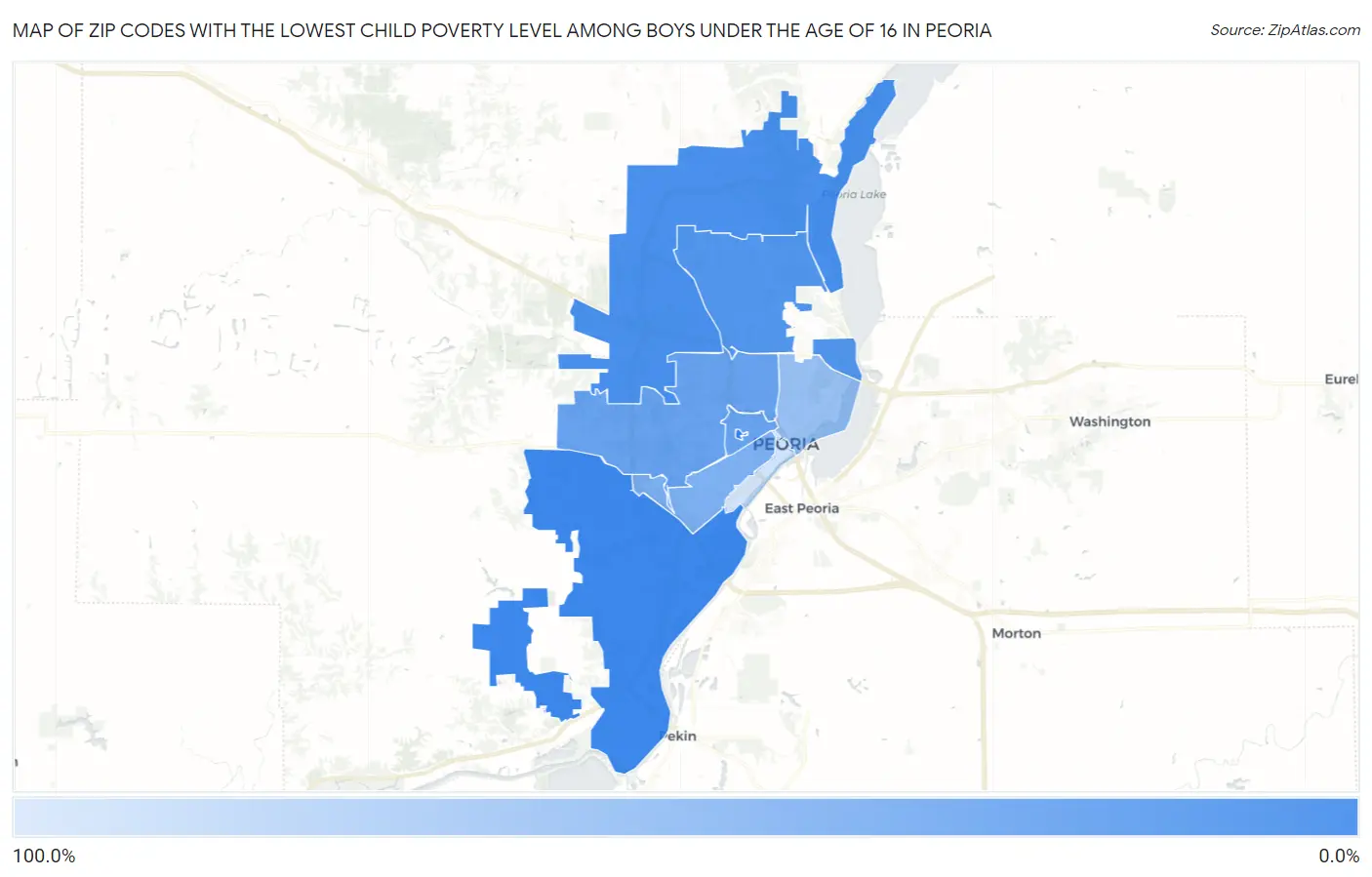 Zip Codes with the Lowest Child Poverty Level Among Boys Under the Age of 16 in Peoria Map