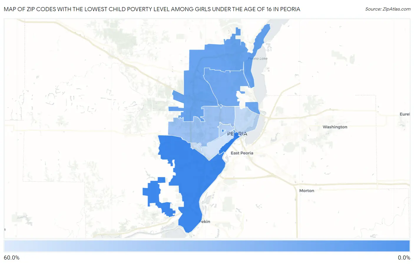 Zip Codes with the Lowest Child Poverty Level Among Girls Under the Age of 16 in Peoria Map