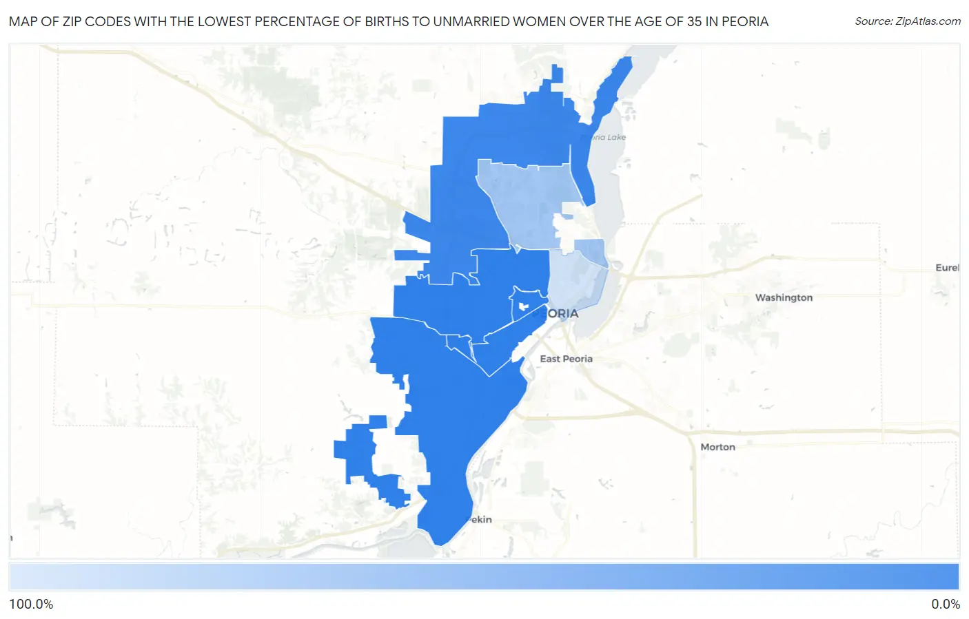 Zip Codes with the Lowest Percentage of Births to Unmarried Women over the Age of 35 in Peoria Map