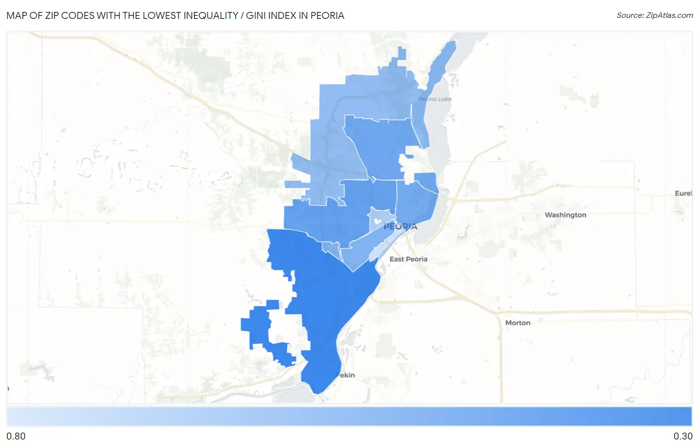 Zip Codes with the Lowest Inequality / Gini Index in Peoria Map