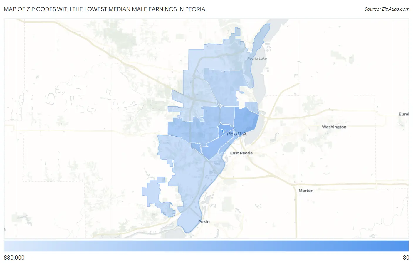 Zip Codes with the Lowest Median Male Earnings in Peoria Map