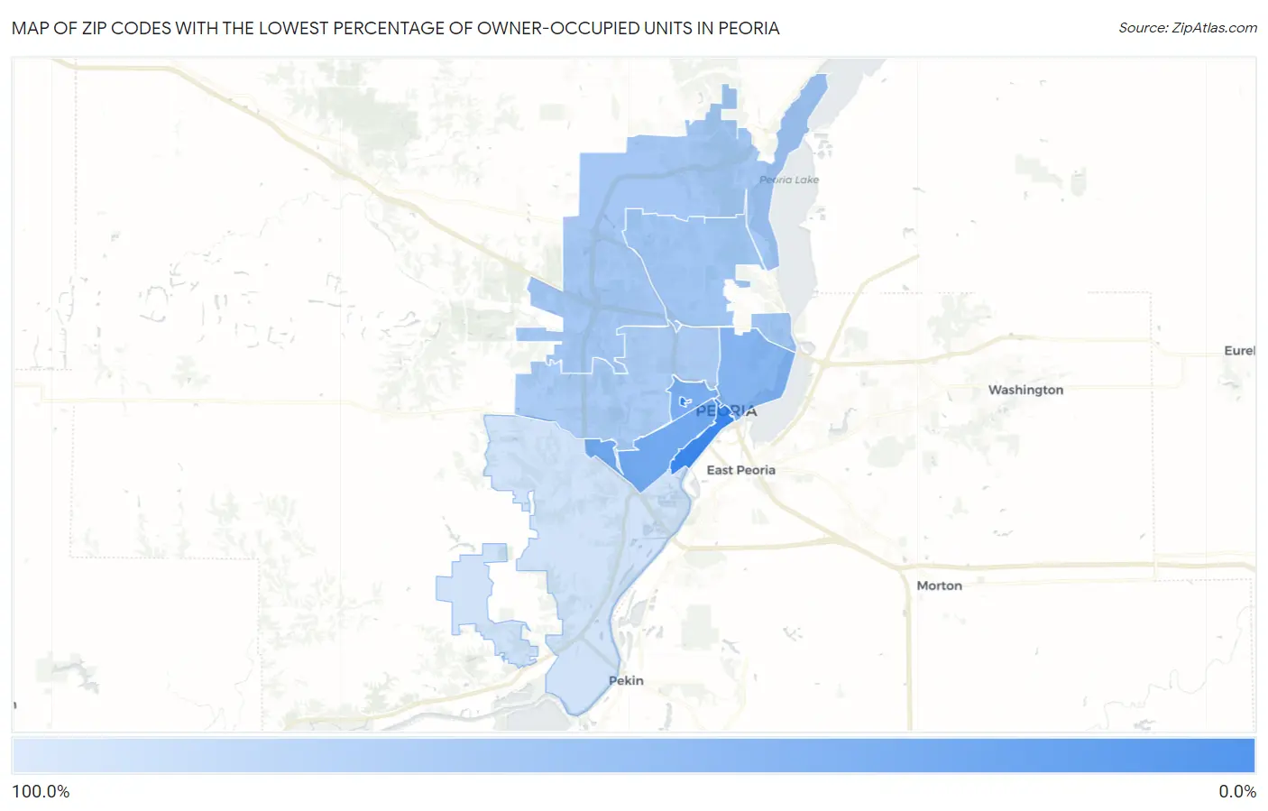 Zip Codes with the Lowest Percentage of Owner-Occupied Units in Peoria Map