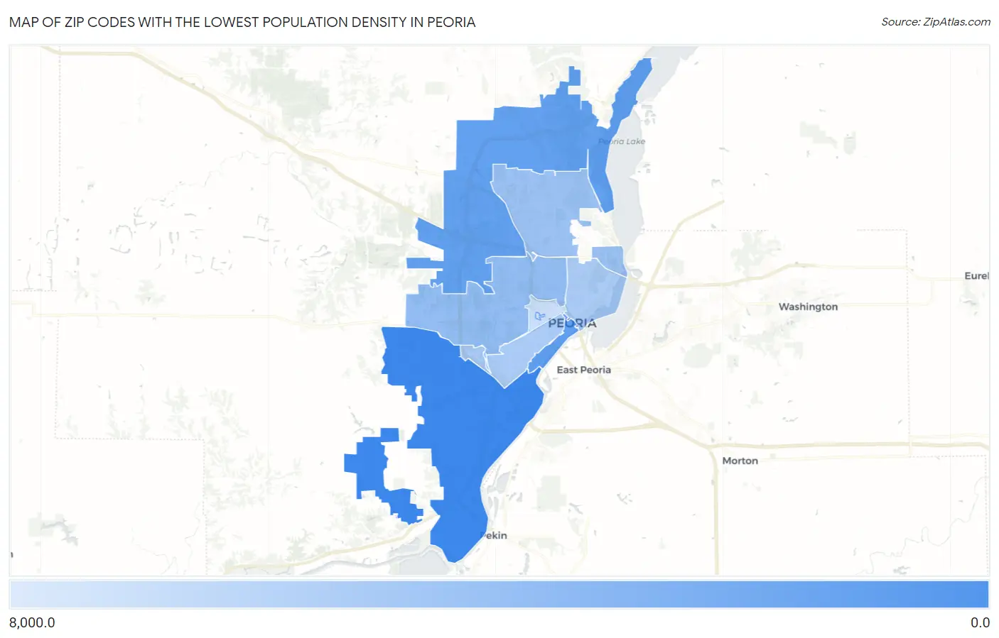 Zip Codes with the Lowest Population Density in Peoria Map