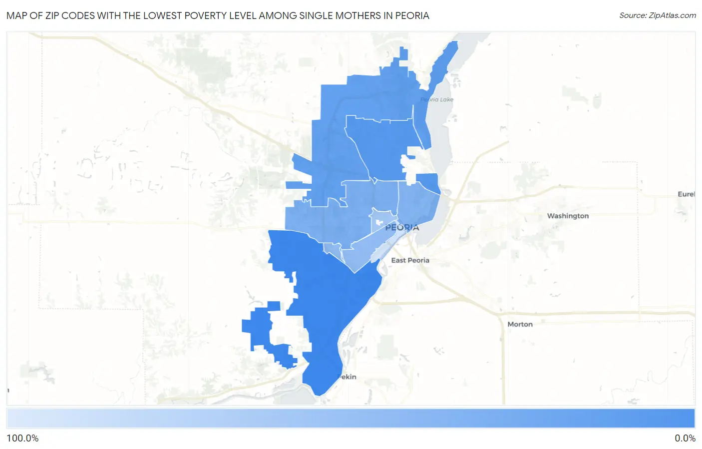 Zip Codes with the Lowest Poverty Level Among Single Mothers in Peoria Map