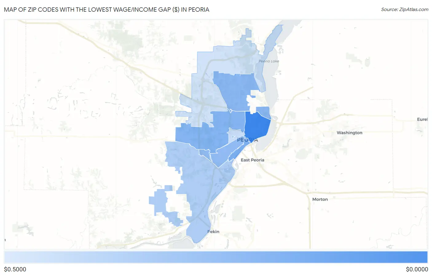 Zip Codes with the Lowest Wage/Income Gap ($) in Peoria Map