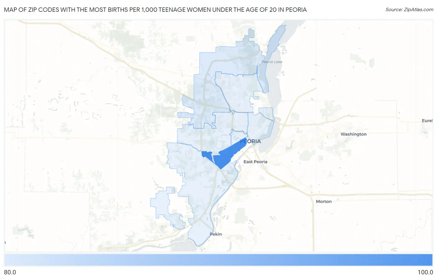 Zip Codes with the Most Births per 1,000 Teenage Women Under the Age of 20 in Peoria Map
