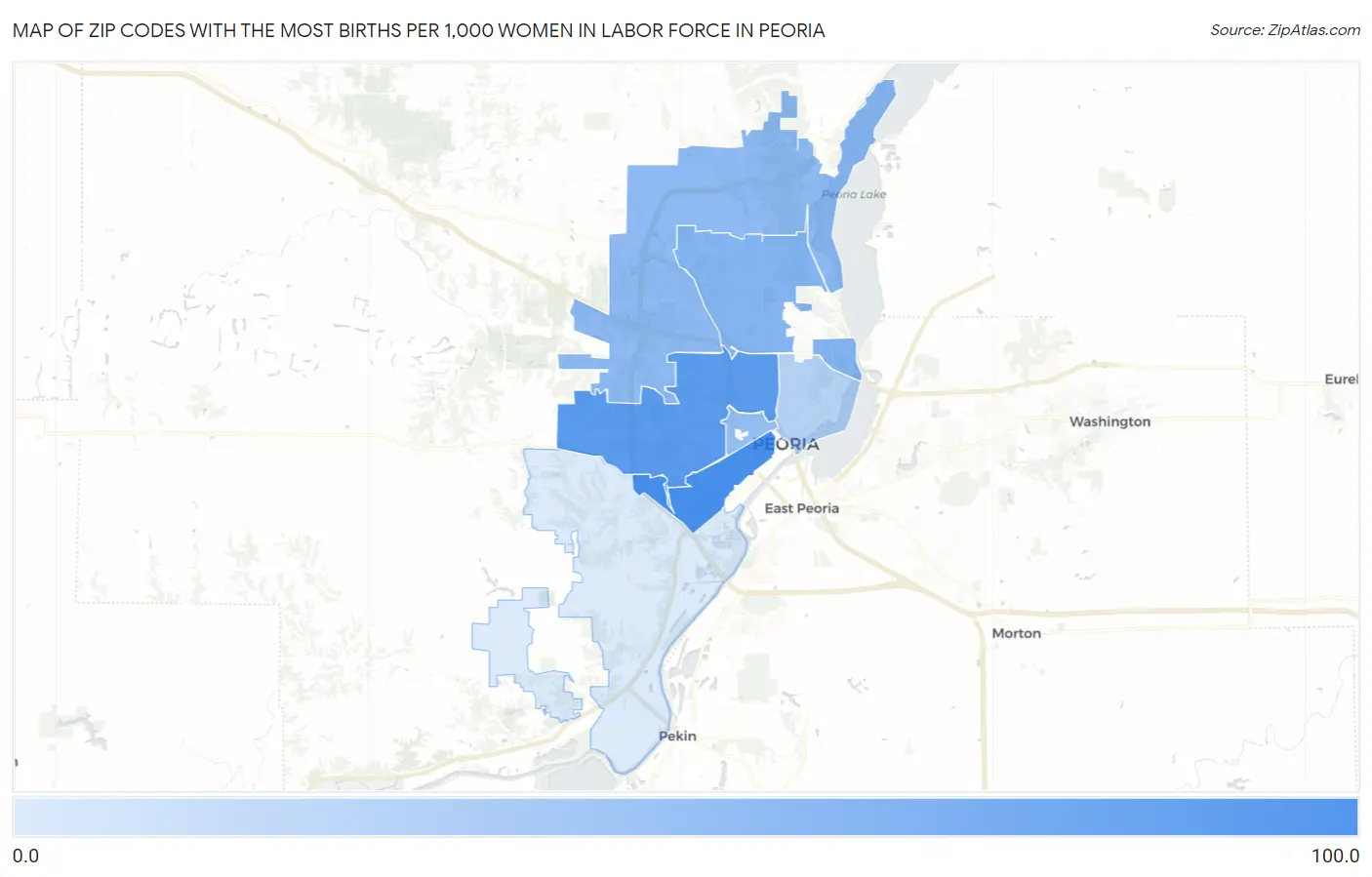 Zip Codes with the Most Births per 1,000 Women in Labor Force in Peoria Map