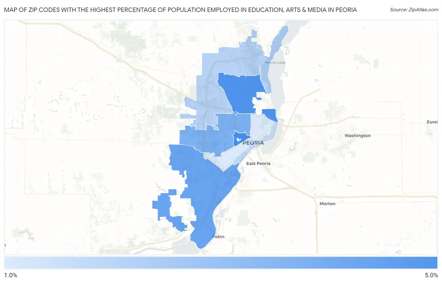 Zip Codes with the Highest Percentage of Population Employed in Education, Arts & Media in Peoria Map
